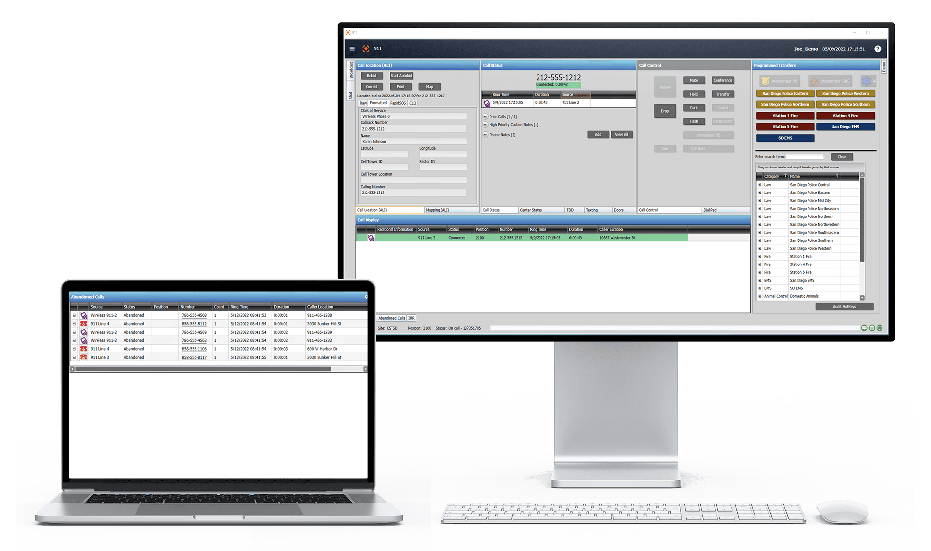 A screenshot depicting CentralSquare's 911 call-handling software on a desktop computer monitor and a laptop.