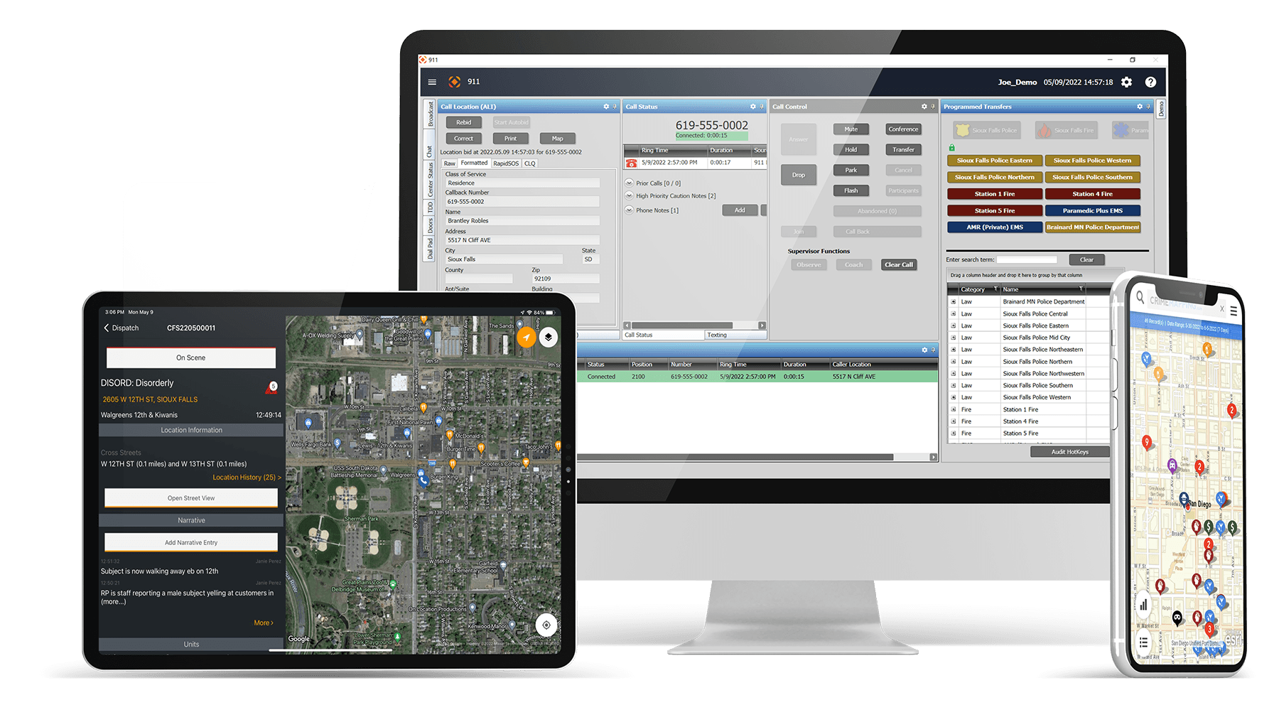 An image showing CentralSquare's Public Safety Suite on a desktop, tablet and mobile phone.